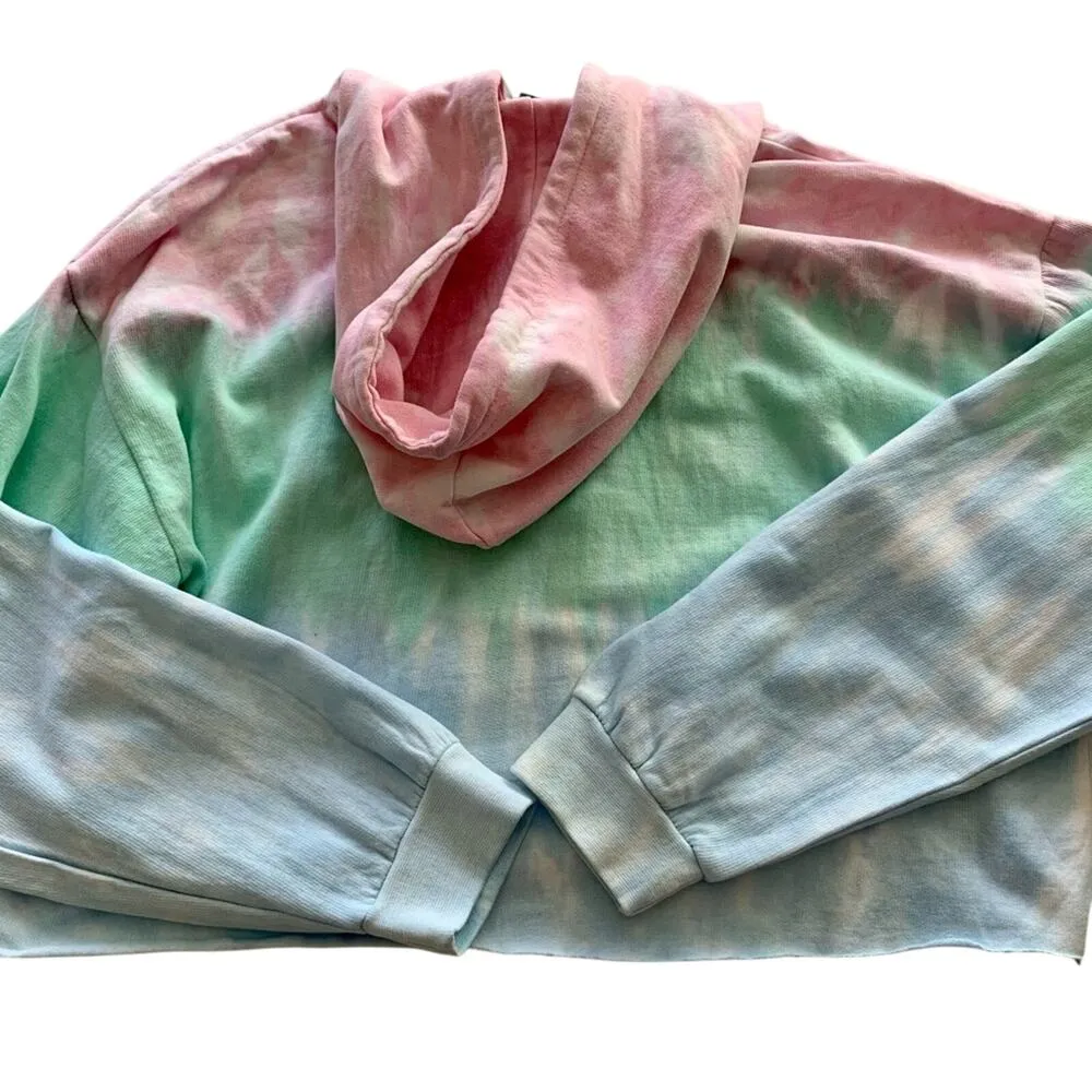 AC/DC Tie Dye Graphic Raw Hemline Cropped Hoodie Sweater Size XL - Image 8