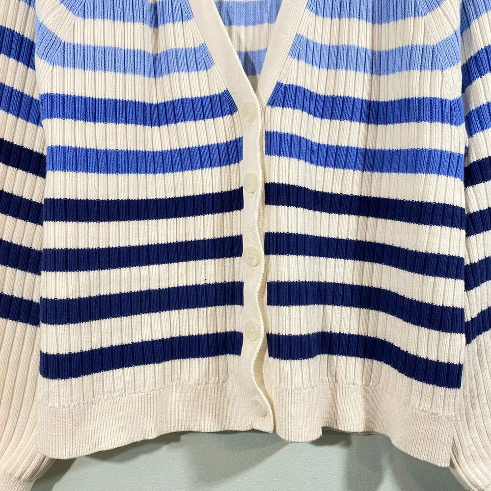Talbots Petites Cream Blue Striped Ribber Button Up Cardigan Sz XLP NWT Coastal - Image 3