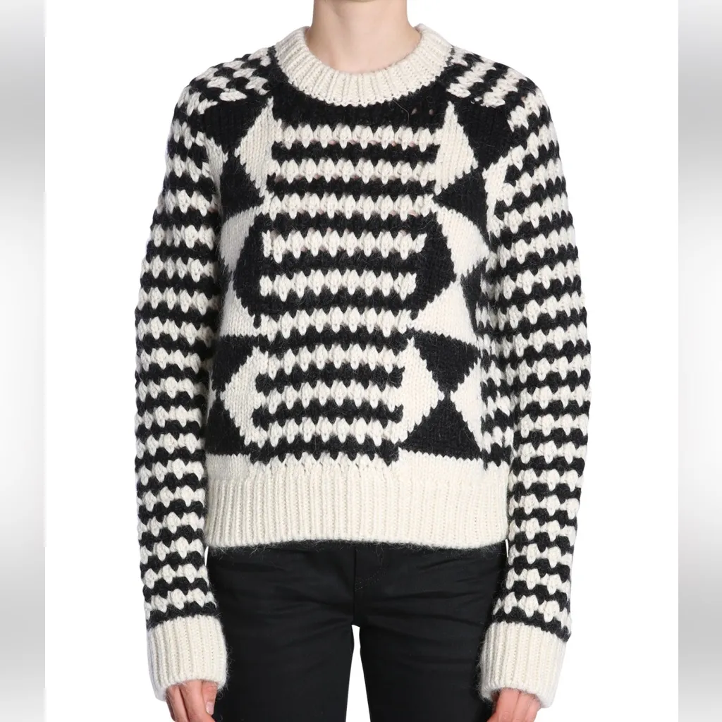 Saint Laurent Striped Diamond Pattern Embroidered Wool Crew Neck Knit Sweater S - Image 9