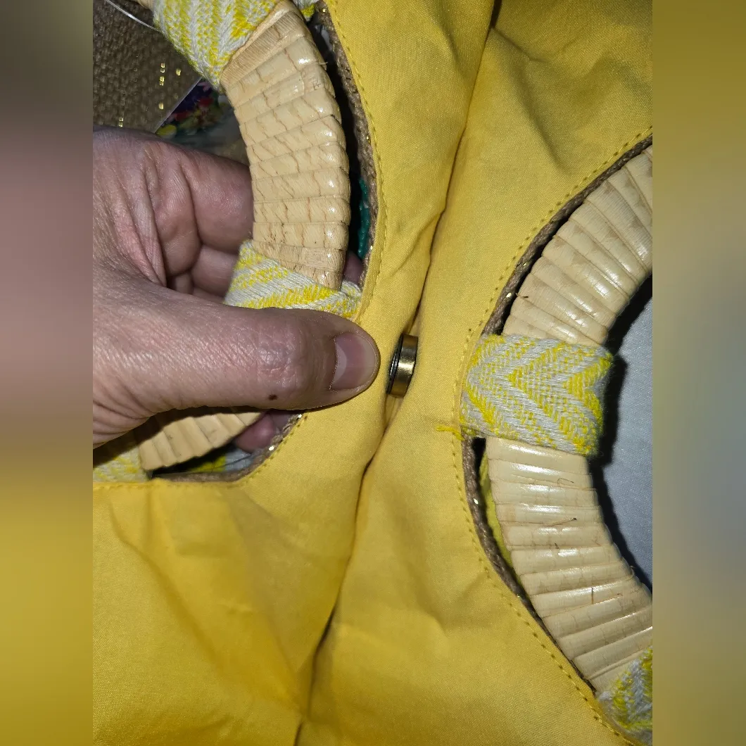 America & Beyond Beaded Lemon Yellow Chevron Fabric Circular Handle Tote Bag - Image 10