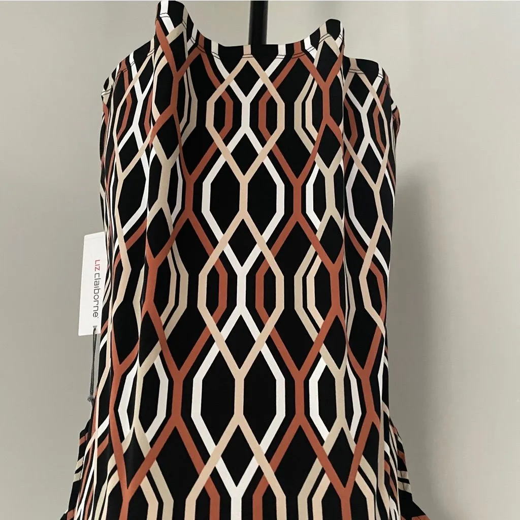 Liz Claiborne Flutter Sleeve Work Blouse Medium Black White Coral‎ Geometric Top - Image 7