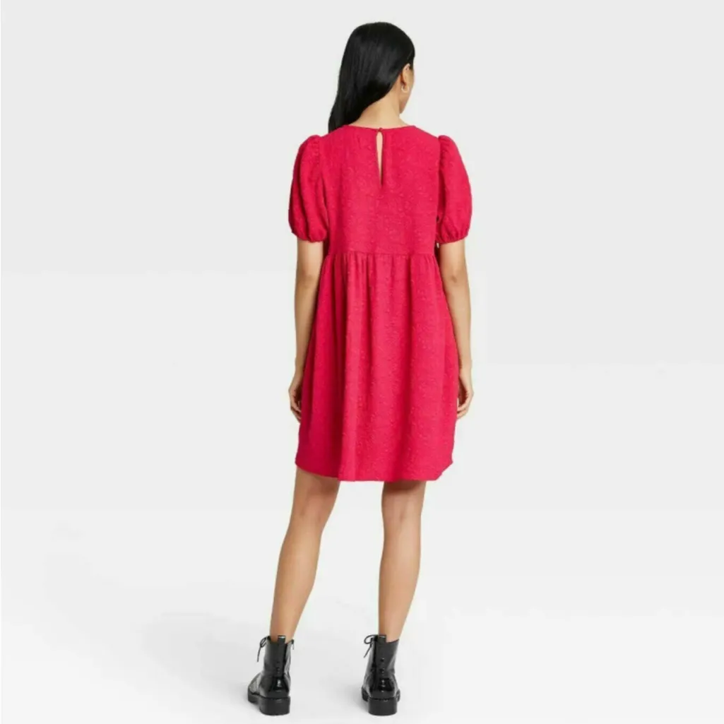 Who What Wear Red Textured Puff Sleeve Babydoll Dress Size XL - Image 4