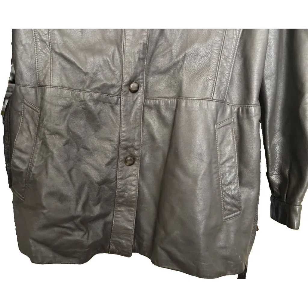 Women’s Brown Leather Jacket Italy Fiocchi Medium??? Snaps Belt Pockets Vintage - Image 4
