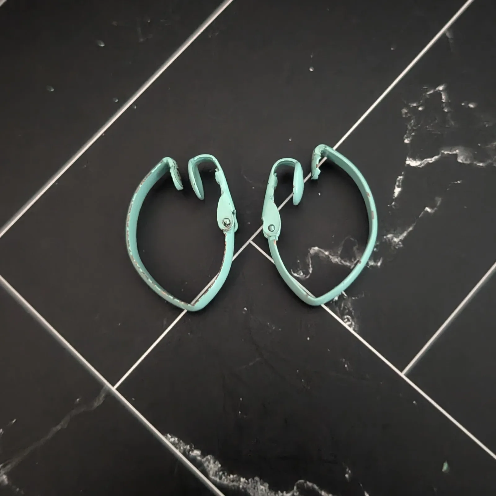 Vintage Clip On Earrings 1" Aqua Blue Elongated Folded Hoop Retro - Image 6