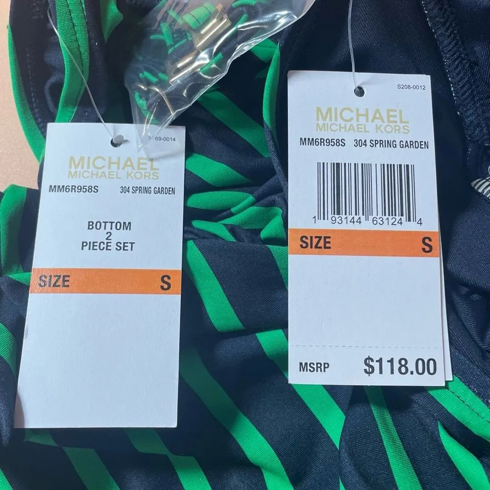 NWT Michael Kors Swim Navy & Green Striped Ring Knot Halter Tankini Size Small - Image 10