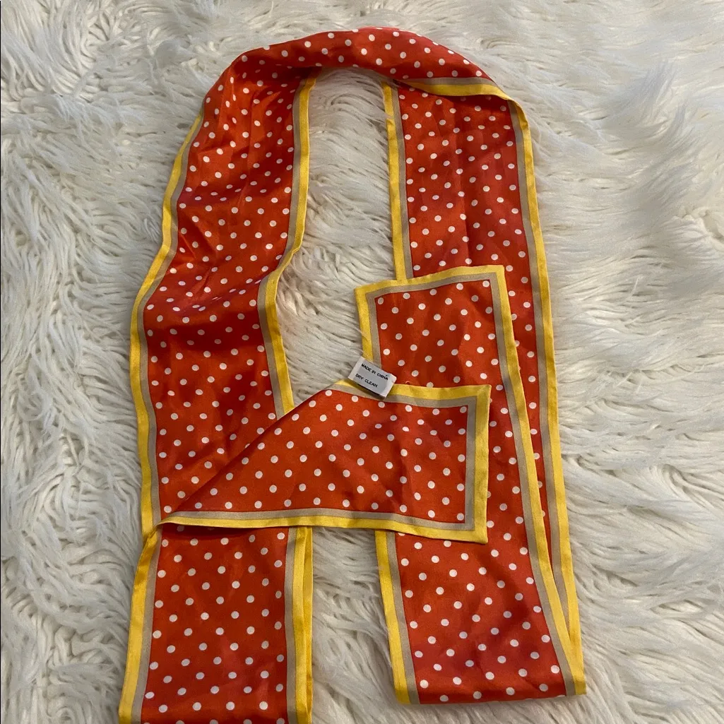 Vibrant Red Polka Dot Scarf with Yellow Edging 100% silk length 65” wide 4” Orange - Image 3
