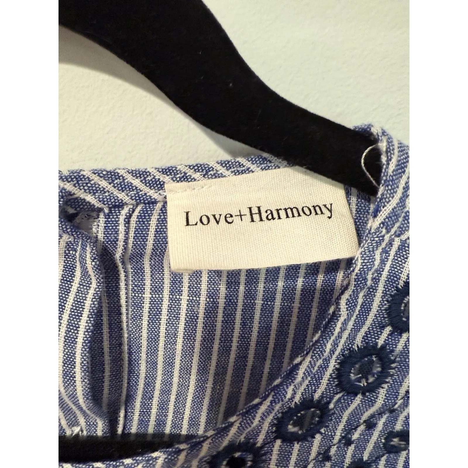 Love+Harmony Top Womens Small Striped Embroidered 100% Cotton Preppy Coastal Blue - Image 3
