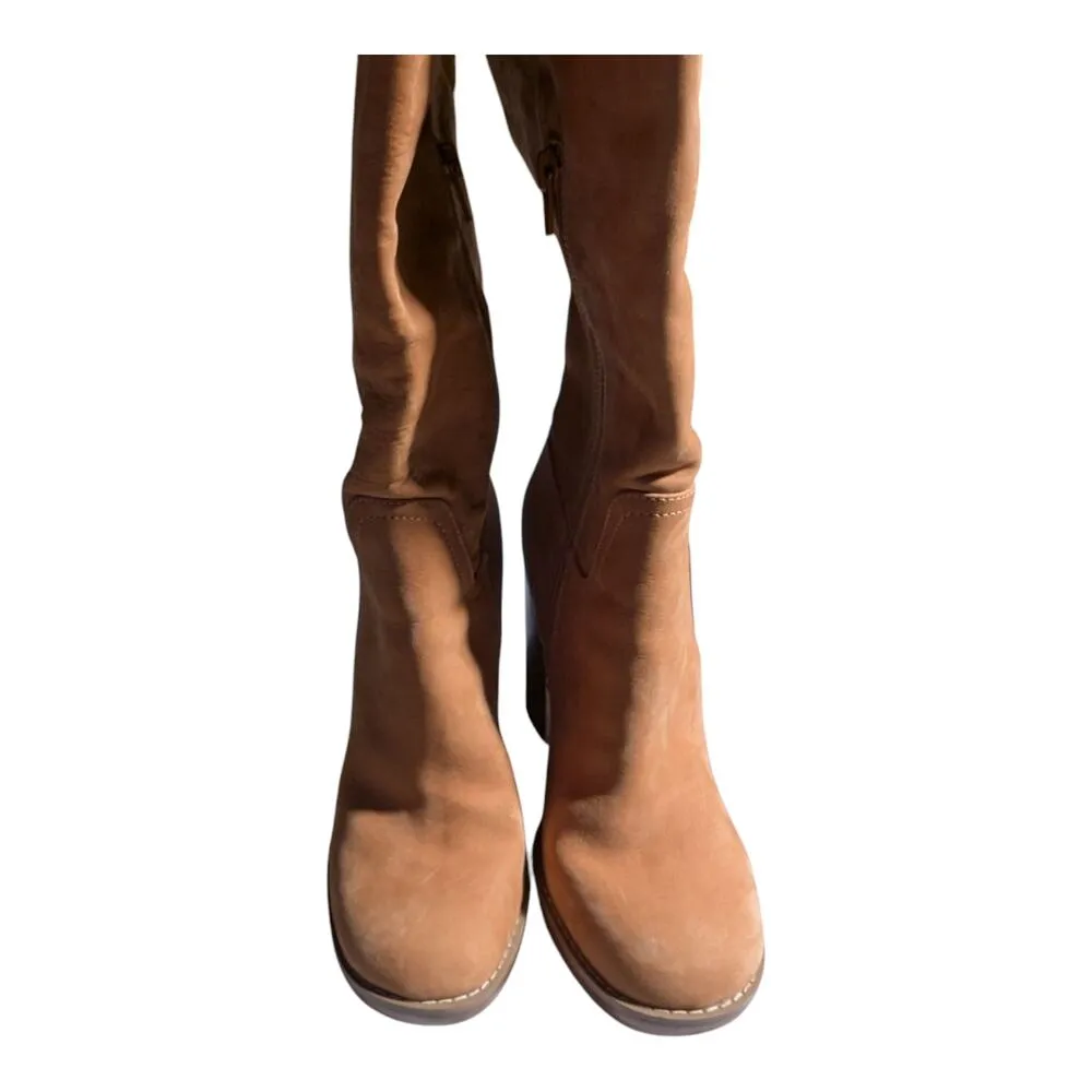 JLO Parid Camel Tan Nubuck Leather Over The Knee Block Heel Campus Boots Sz 8 - Image 2