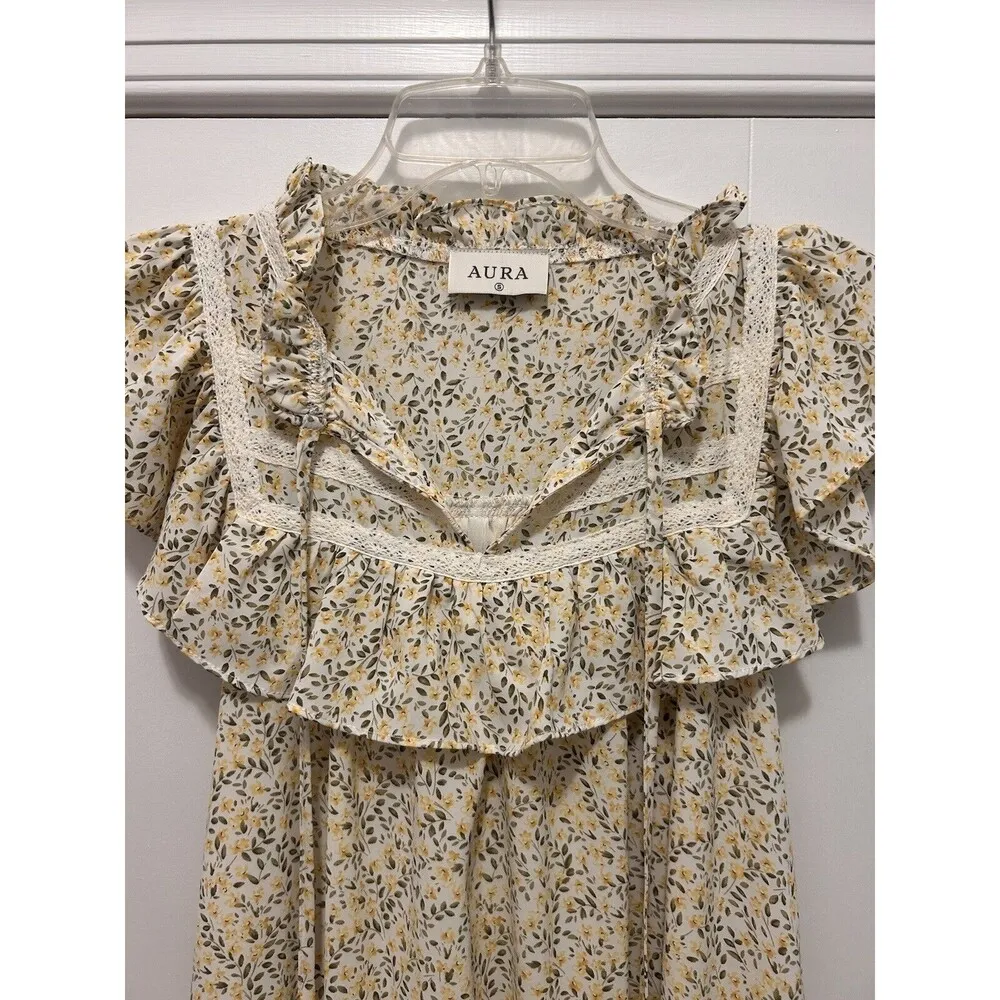 Aura Floral Ruffle Yellow White Peasant Style Floral Maxi Dress Size Small - Image 2