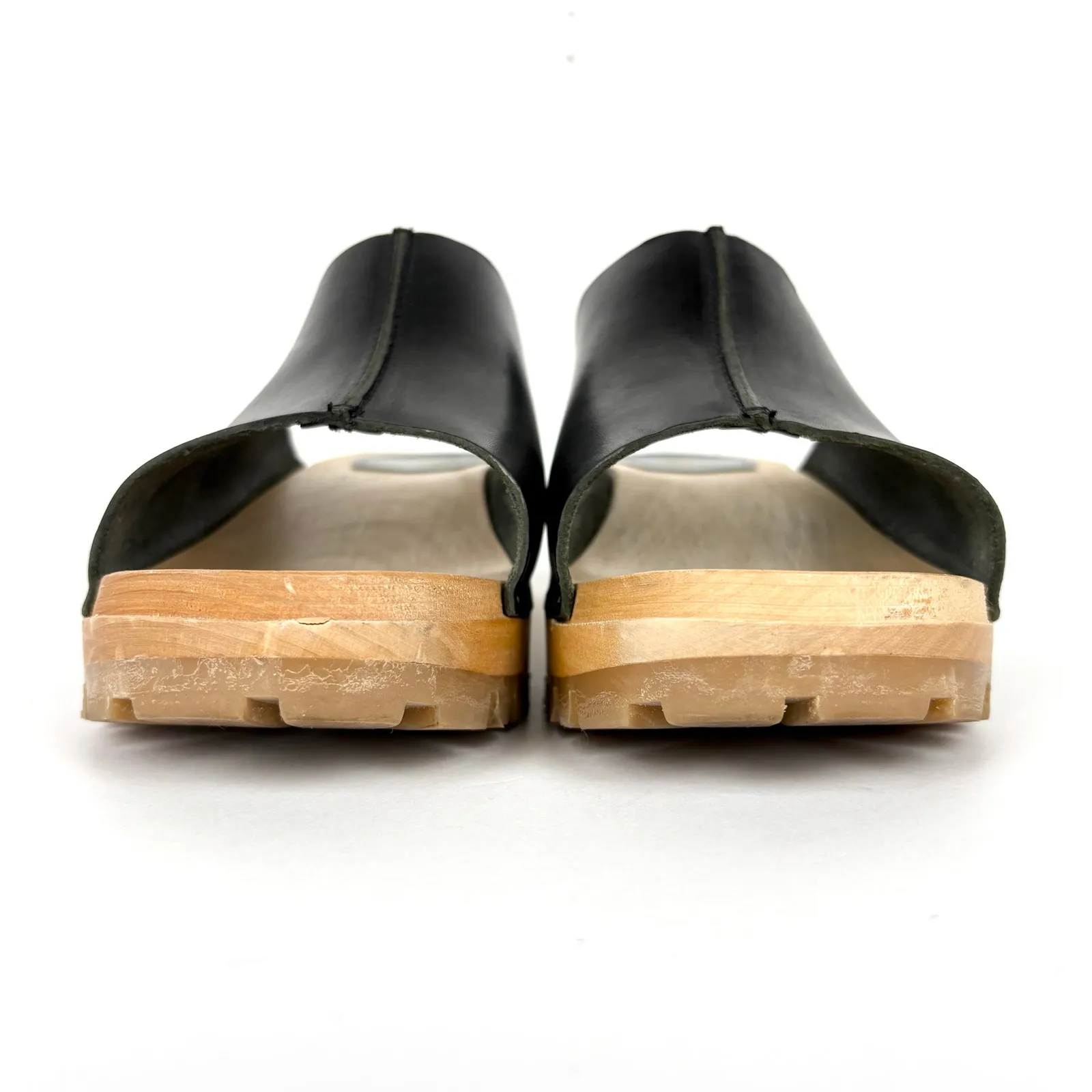 Swedish Hasbeens Ann Low Sandals Mules Clogs Black Leather Wooden Sole Size 41 - Image 2