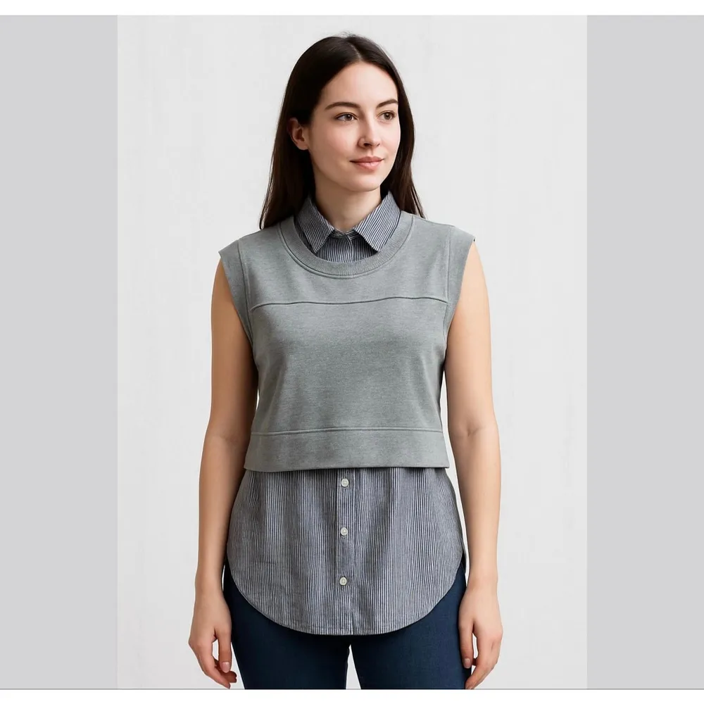 Fate BY LED Layered cotton striped shirt button down tunic 2 piece set Sz L Gray Size L - Image 2