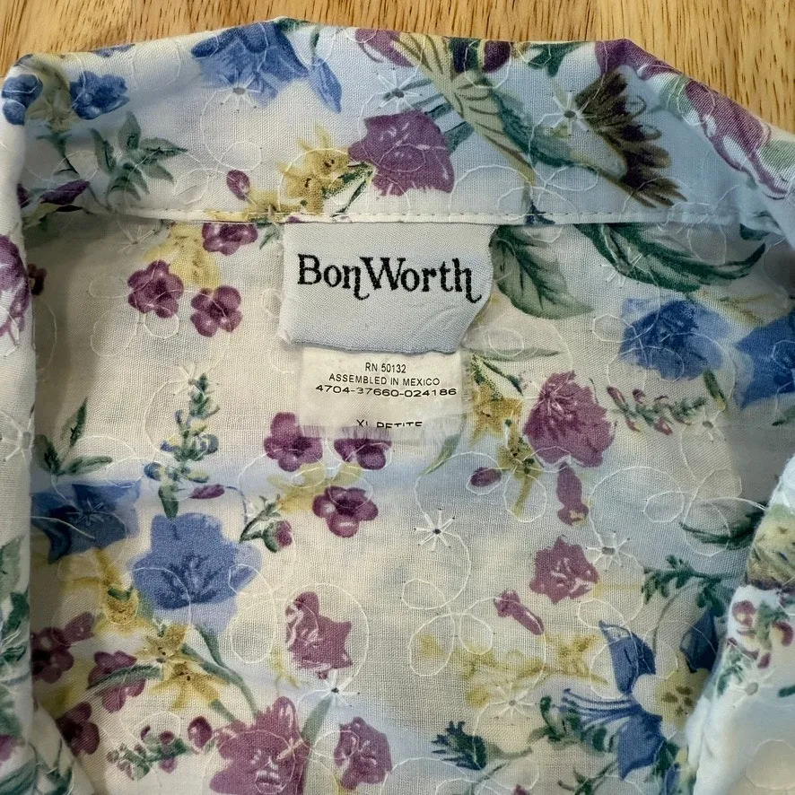 Bonworth Vintage Women's Top XL Petite Blouse Floral Birds White Purple‎ - Image 2