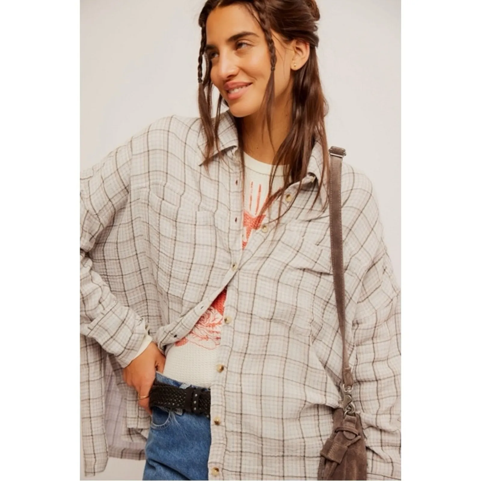 Free People Oversized Bohemian Grunge 90s Fall Cardiff Plaid Top Shirt Medium - Image 5