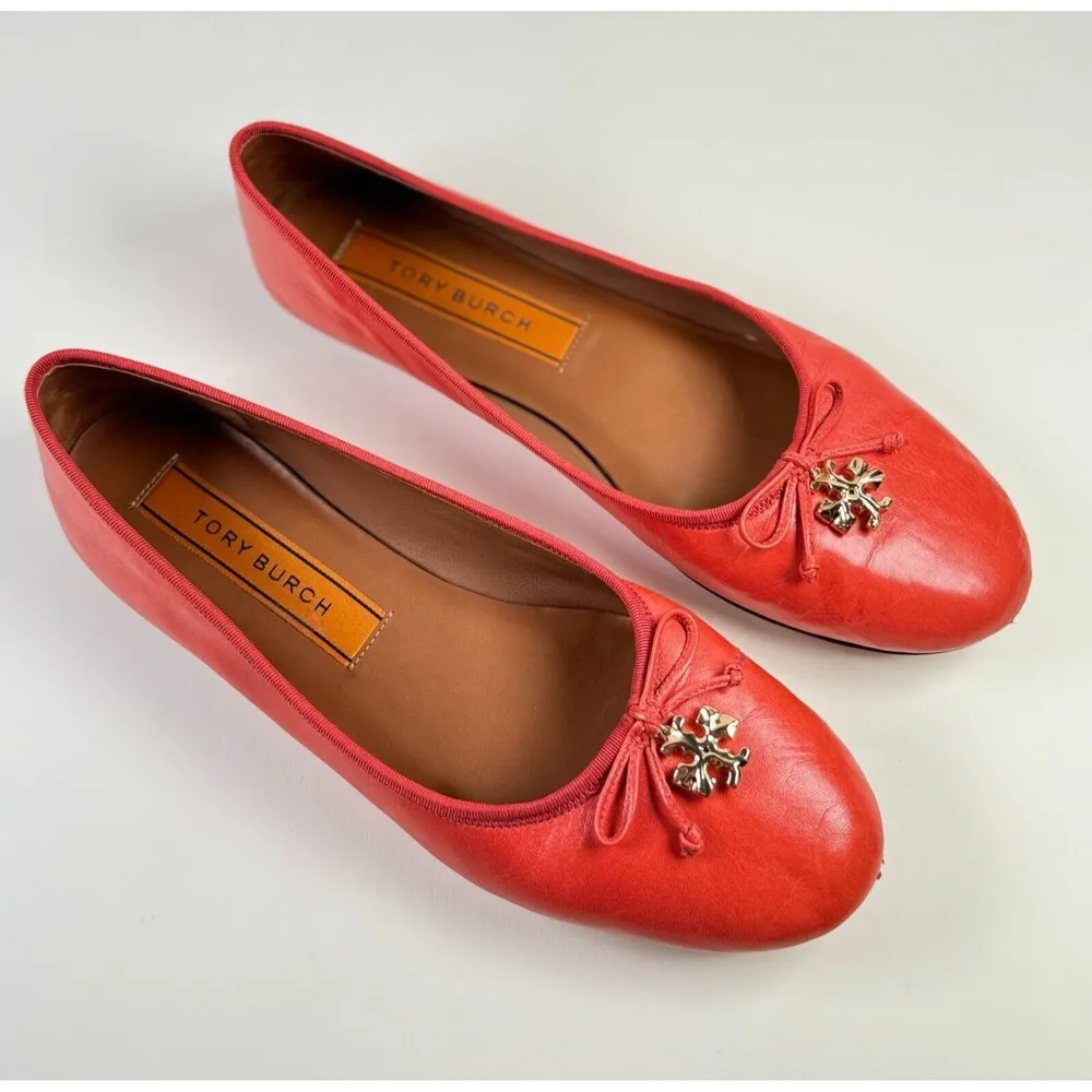 Tory Burch Charm Womens Shoes Orange Leather Ballet Flat Slip On Sandals 10.5 M - Image 3