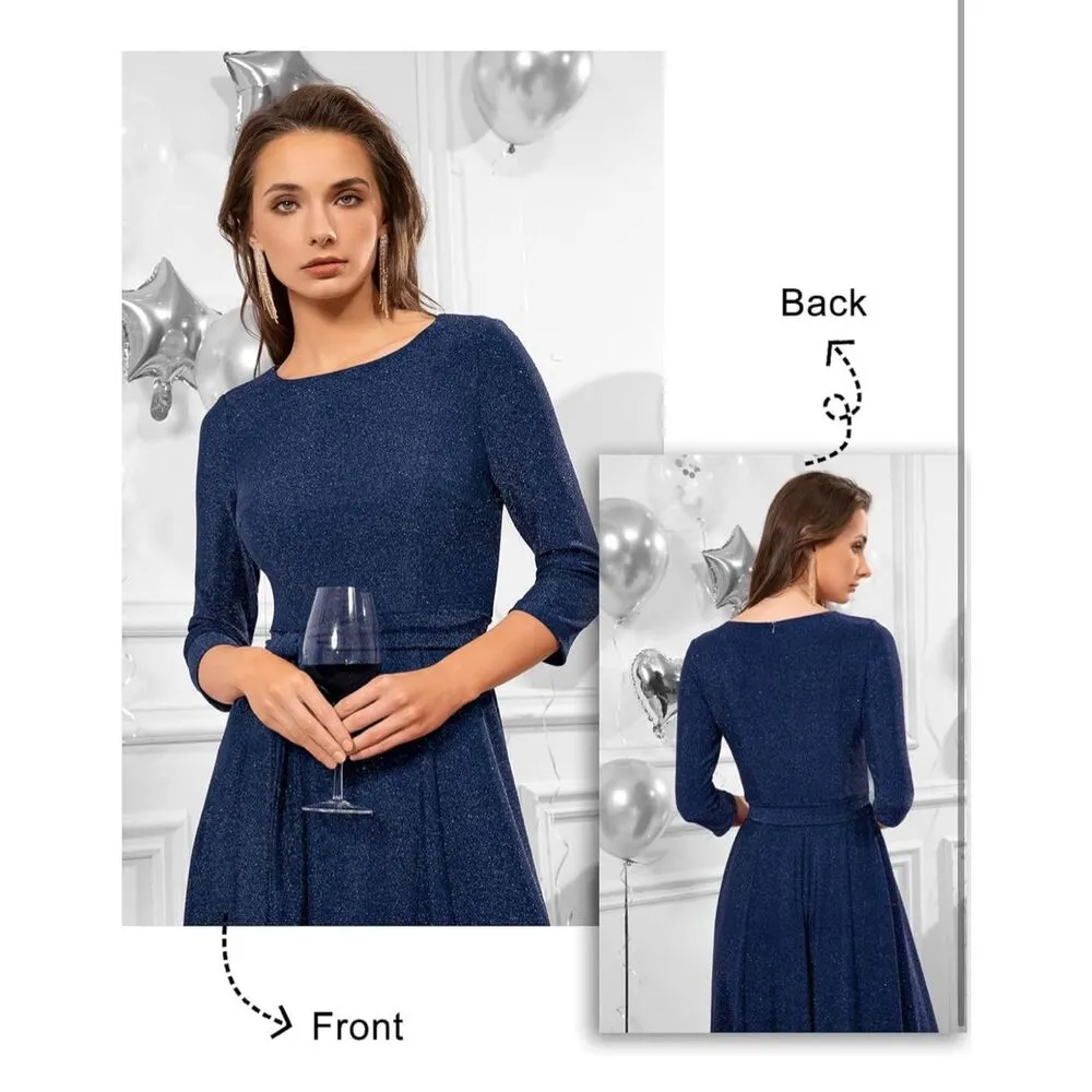 NEW Blue Cocktail Sparkle Vintage Wedding Guest 3/4 Sleeves Dress 2X NO BELT - Image 6