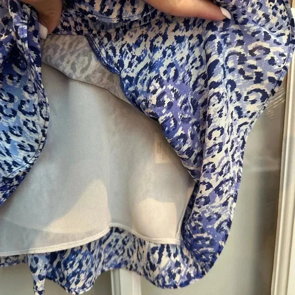 REBECCA TAYLOR Silk Leo Fever Blue Crush Leopard Peplum Ruffle Blouse Size 6 S - Image 9