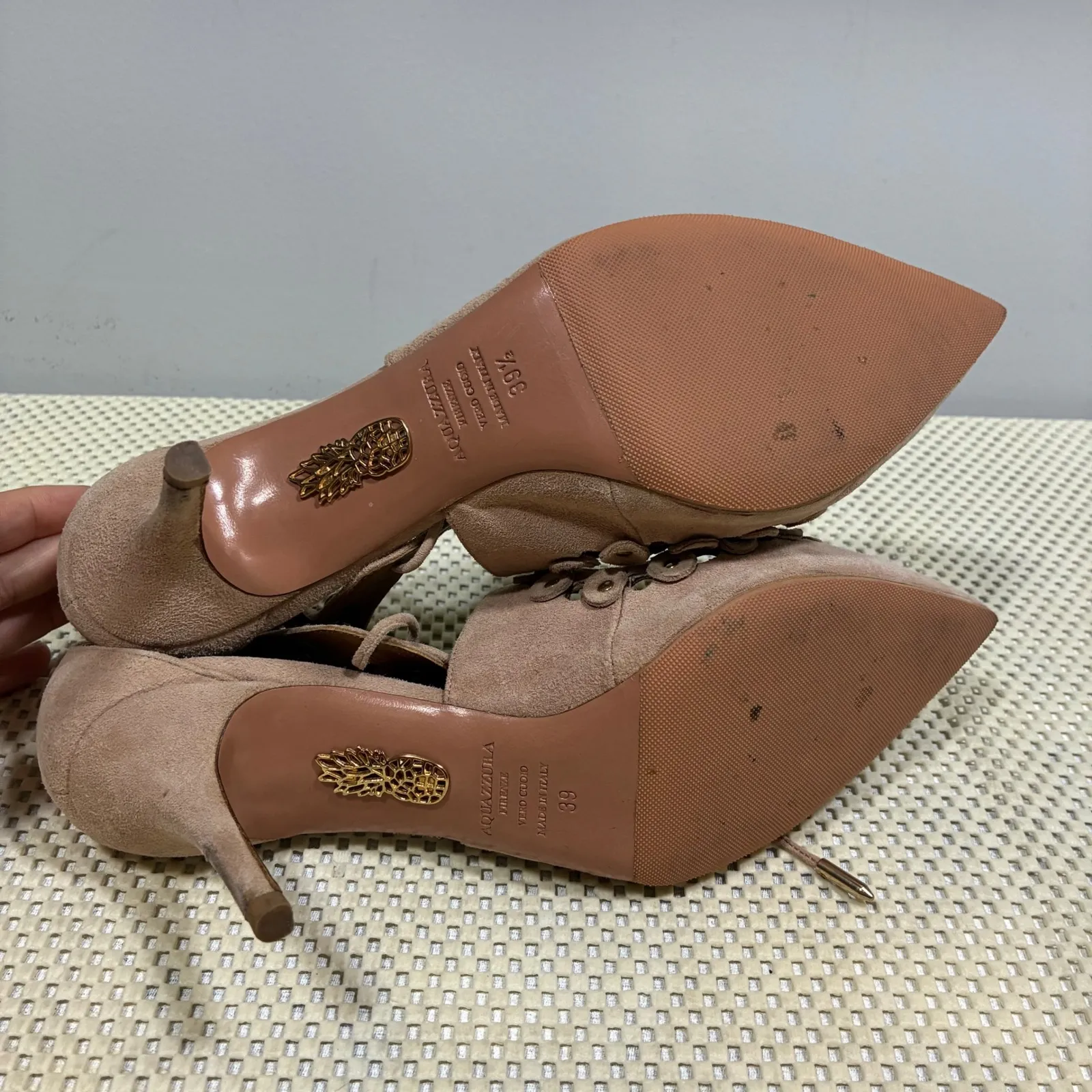 Aquazzura‎ Firenze Suede Leather Pointed Toe Lace Up Pumps Heels 39 (US 9) Tan Size 8 - Image 7