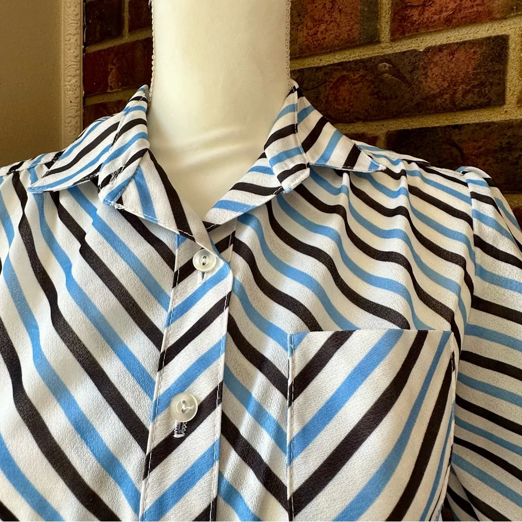 Elegant Blue White Striped Long Sleeve Shirt Dress 1960s 1970s Vintage Work Wear Size 14 - Image 12