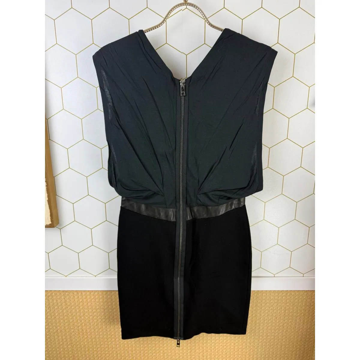 AllSaints Black Lamb Leather Accent Mini Dress with Lace and Zip Back - Size - 4 - Image 2