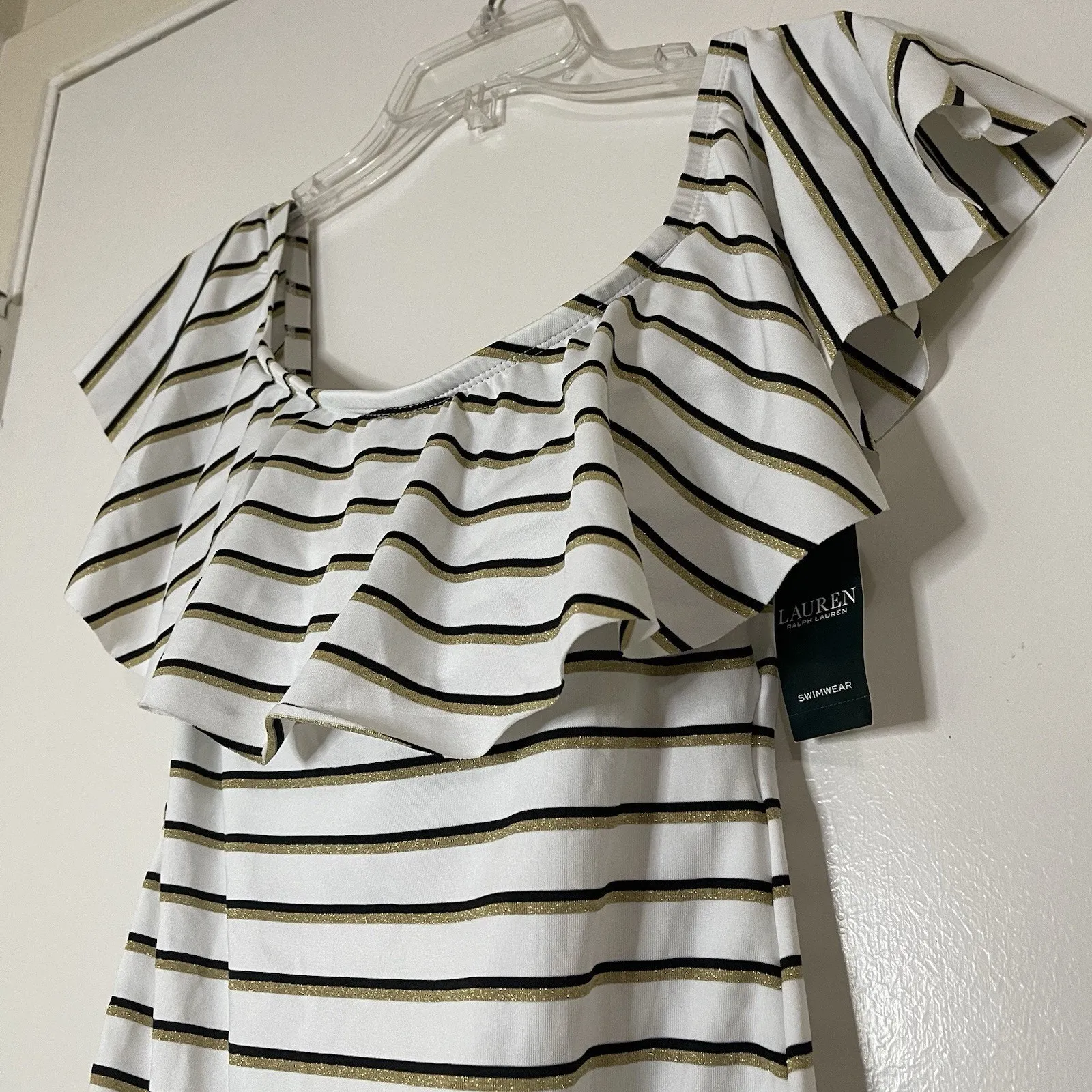 New! Ralph Lauren one piece striped ruffle off shoulder swimsuit L US 10 $132 - Image 3