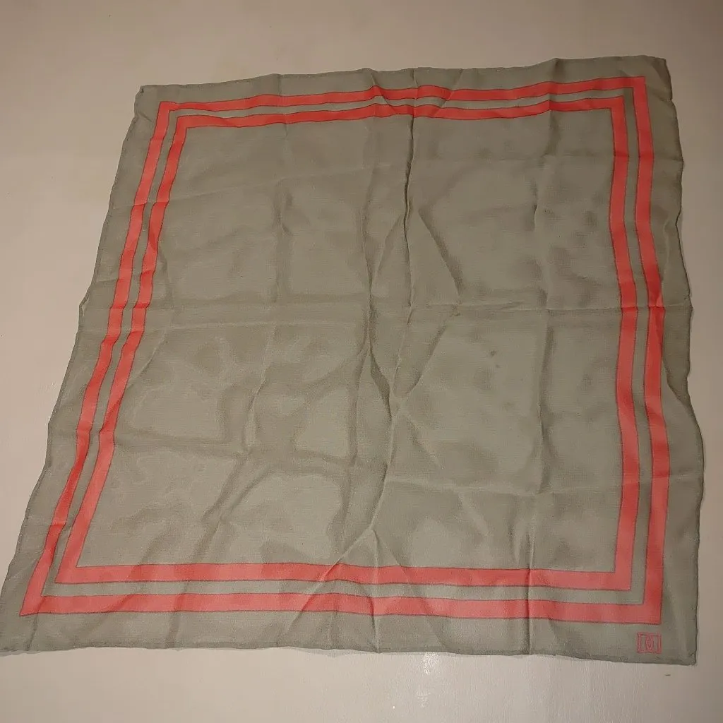 Daks London Sheer Square Scarf DD Olive Green Brown Geometric Vintage Rolled Hem Red - Image 5