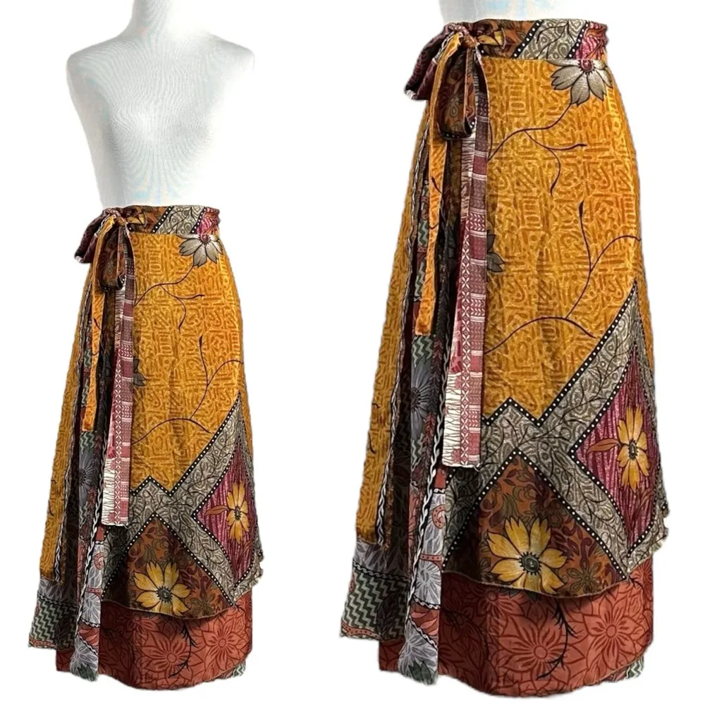 Vintage 90s Silk True Wrap Midi Skirt Size Large Bohemian Hippie 70s India Gypsy Brown - Image 3