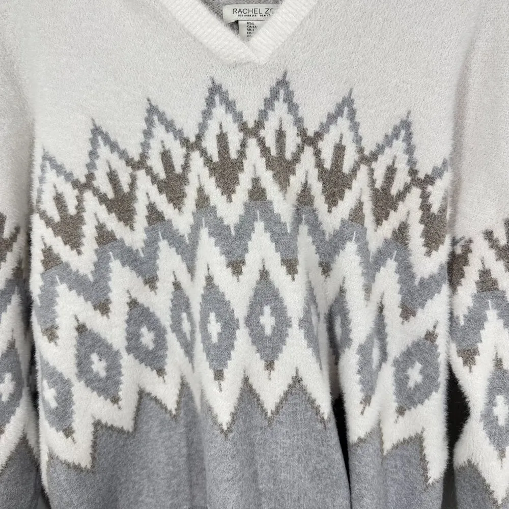 Rachel Zoe Women's Size Large Grey Cream Snow Apres Ski‎ Hooded Sweater Cozy - Image 6