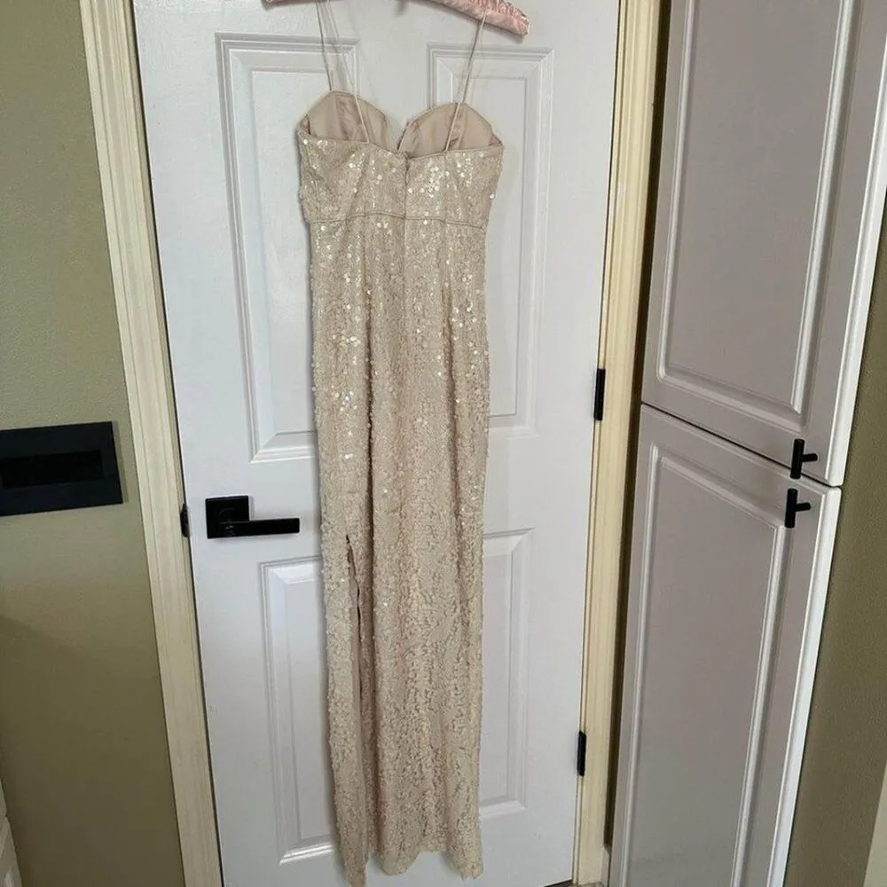 Aidan Mattox Sz 0 Sequin Cream Wedding Bridal Sweetheart Maxi Dress Side Slit - Image 4