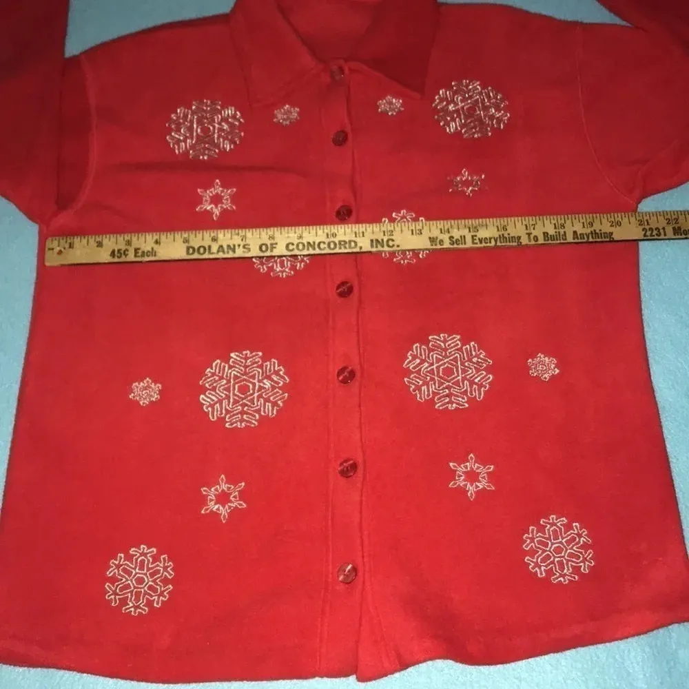 ❄️ Vintage fleece Christmas sweater/ jacket embroidered snowflakes size L Red Size L - Image 8