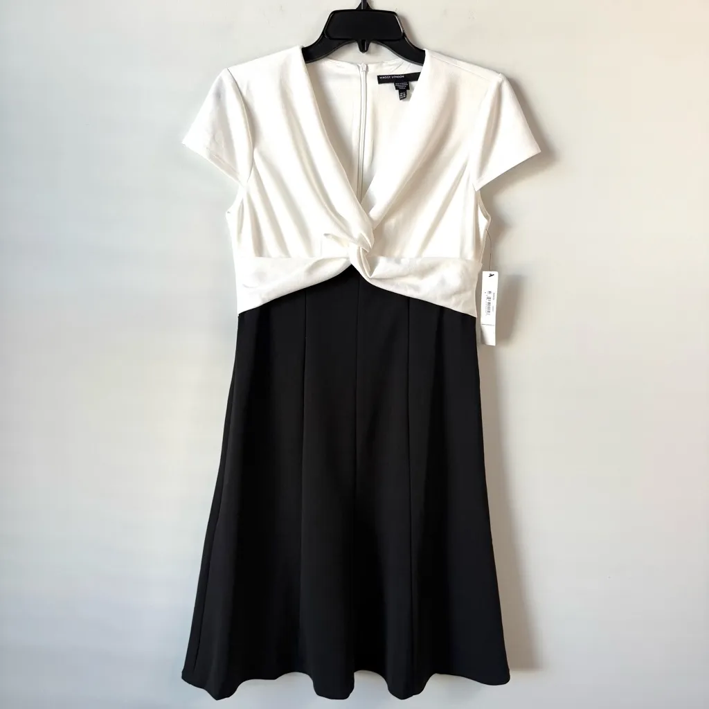 Maggy London Two-Tone Twist Front Fit And Flare Dress Ivory Black 6 - Image 4
