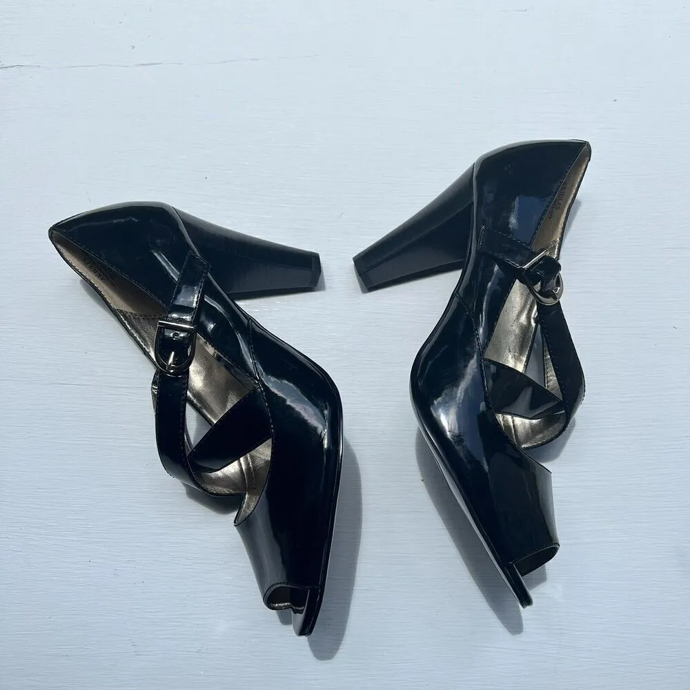 Anne Klein Black AkJules‎ Patent Leather Peep-Toe Heels Size 9M - Image 3