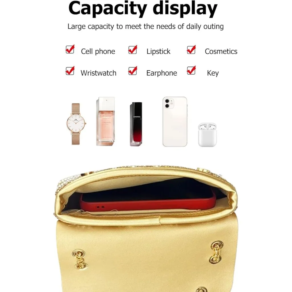 ⚡ Women's Rhinestones Chain Shoulder Sparkly Cocktail Gold Clutch Party Prom Bag - Image 4