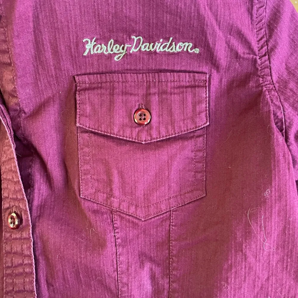 Harley Davidson Burgundy Stretch Cotton Fitted Button Down Shirt Size Medium Red - Image 7