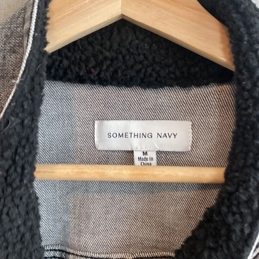 Something Navy teddy denim puff sleeve bomber jacket - Image 5