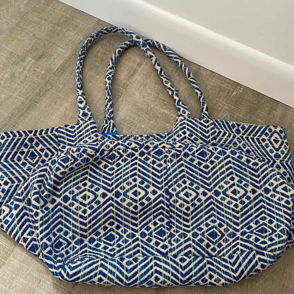 Aztec Woven Tote Bag Tapestry Weave Tribal Boho Design Blue Large Beachy Travel - Image 6
