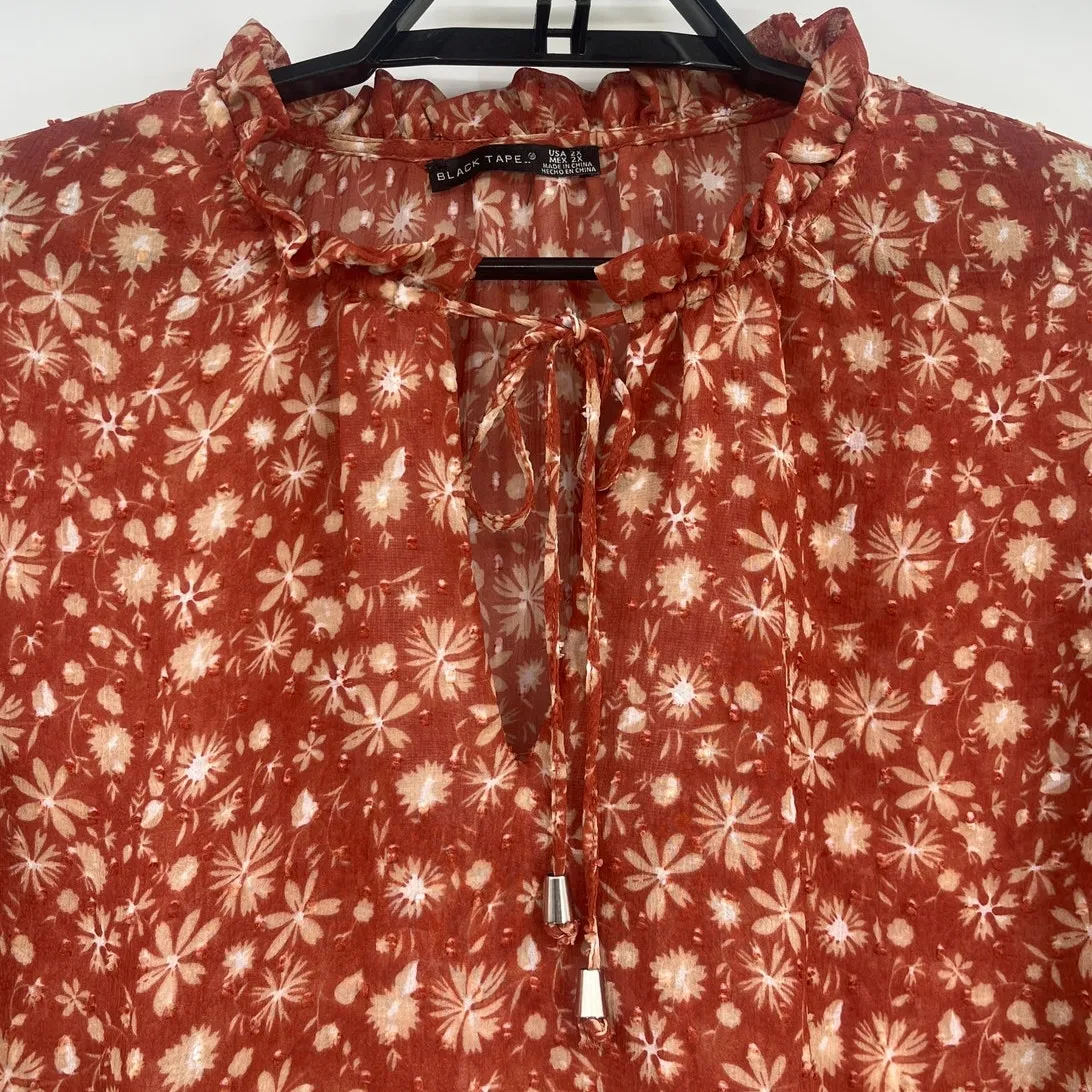 Black Tape Floral Peasant Top Sz 2X Rust Ruffle Sheer Chiffon Boho Swiss Dot Brown - Image 5