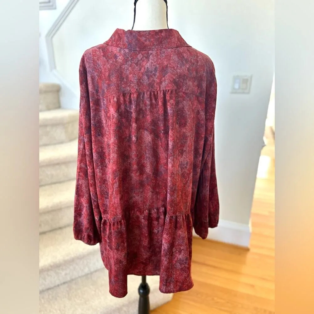 LOGO Lori Goldstein Red Abstract Print Ruffle Hem  Blouse - Image 4