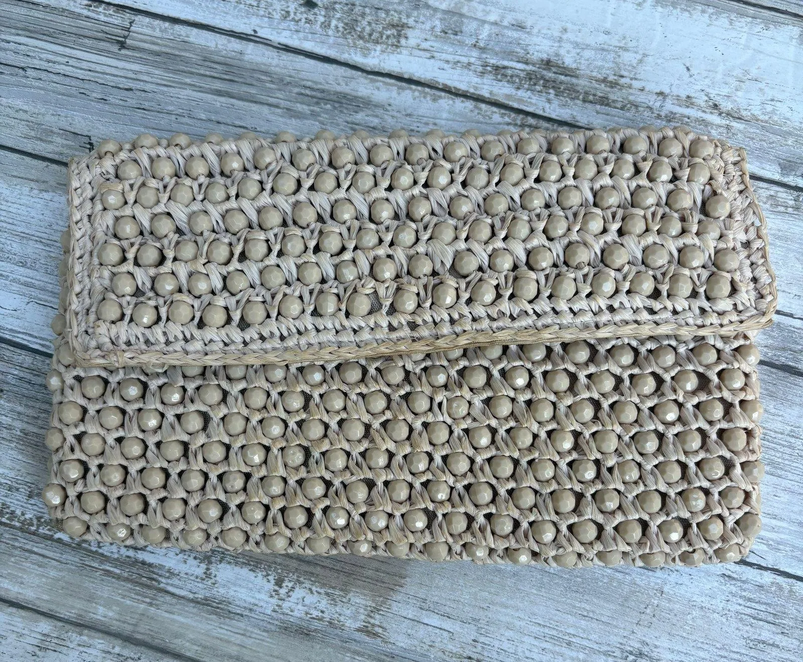 VTG Barbara Lee Purse Cream Beaded Rattan Straw Clutch Small Made in Italy - Image 1
