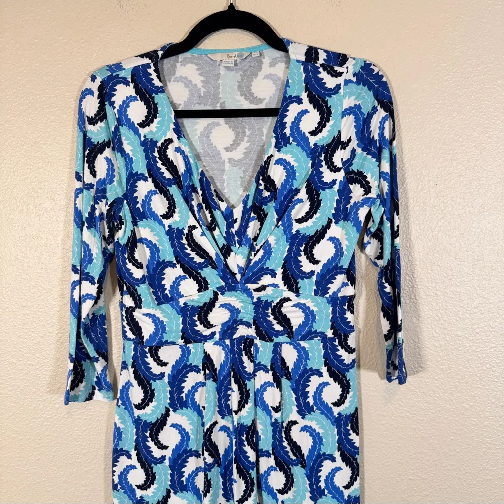 Boden White Blue Feather Print Faux Wrap Mini Dress Womens 8 3/4 Sleeve Jersey - Image 10
