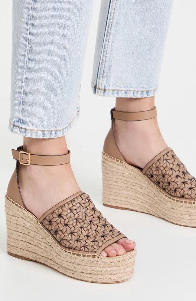 Tory Burch Basketweave Espadrille Ankle Strap Wedges Leather Size 10M New in Box - Image 3