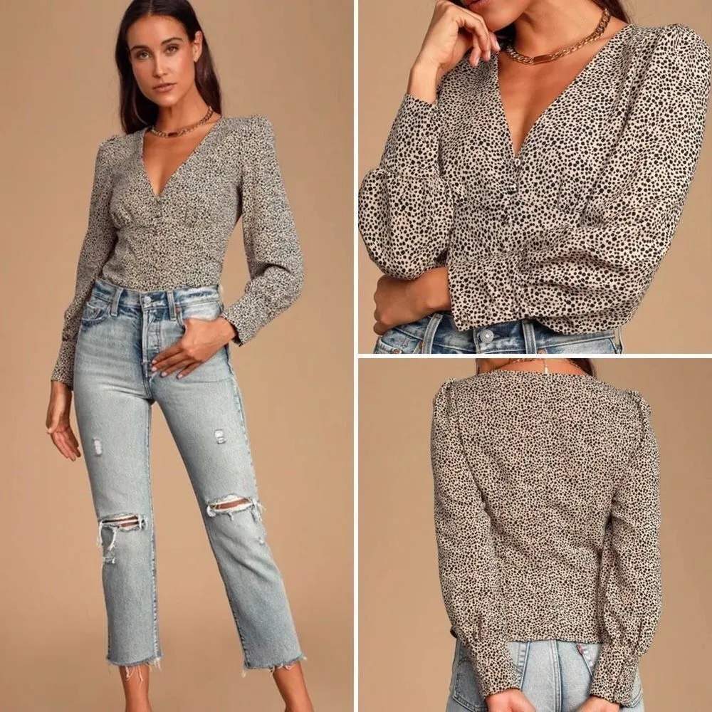 Lulu’s Sweet Spot Taupe Cheetah Print Long Sleeve Button-Up Top Size Small - Image 2