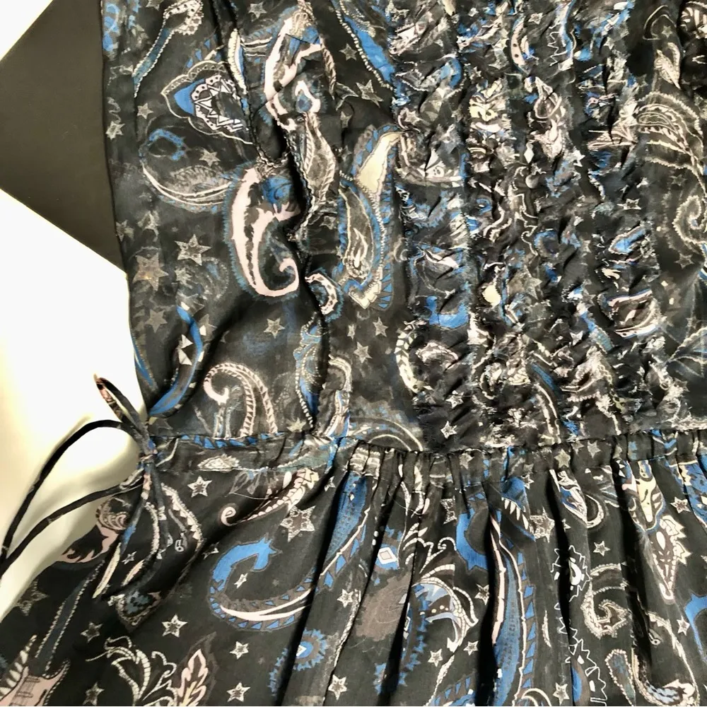 Rimana Paisley Mini Ruffle Beaded Dress Navy Blue Bohemian sz S - Image 6