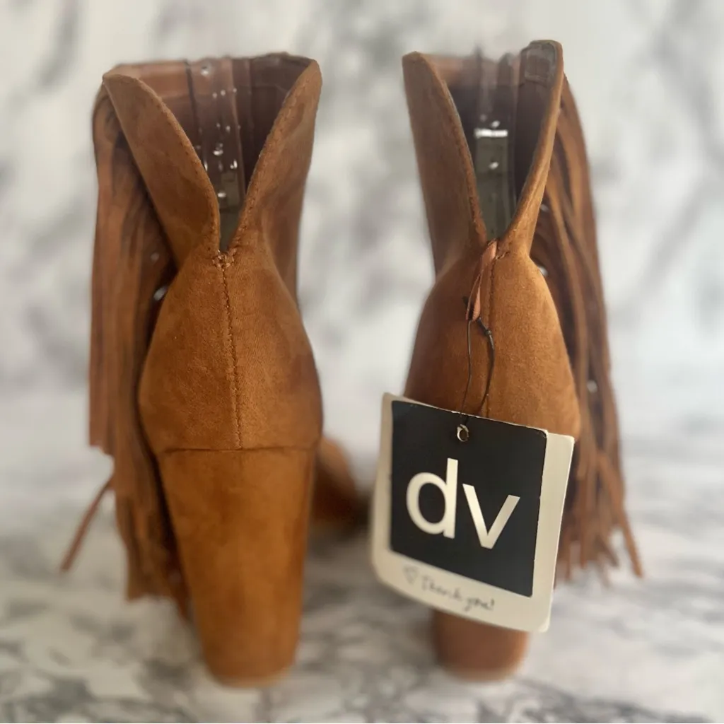 NWT DV by Dolce Vita Lotus Bootie Fringe Suede Open Toe Cognac 6 Western Cowgirl Brown - Image 6