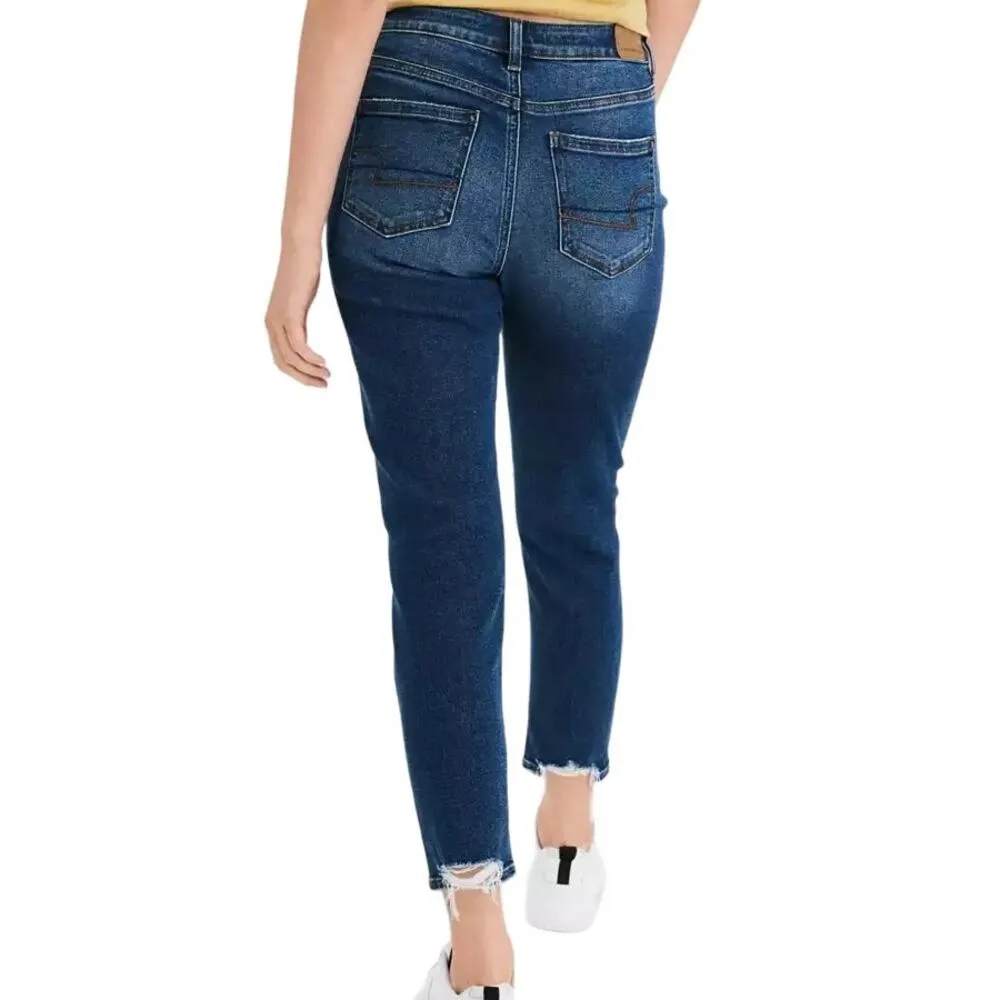 American Eagle Mom Jean Stretch Dark Wash Distressed High Rise Raw Hem 00 Blue - Image 2