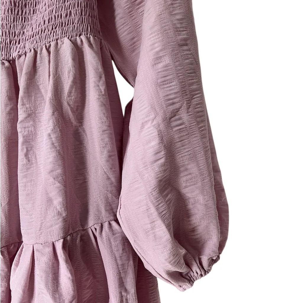 Urban Outfitters Pale Pink Gabriella Smocked Tiered Midi Dress Long Sleeves‎ SM - Image 5
