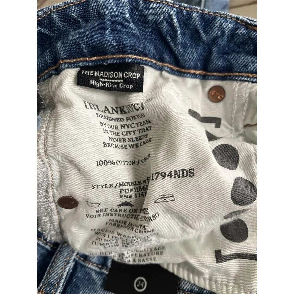 BlankNYC Denim Jeans Button Fly Crop High Rise Blue Distressed Women’s 24 Ripped - Image 9
