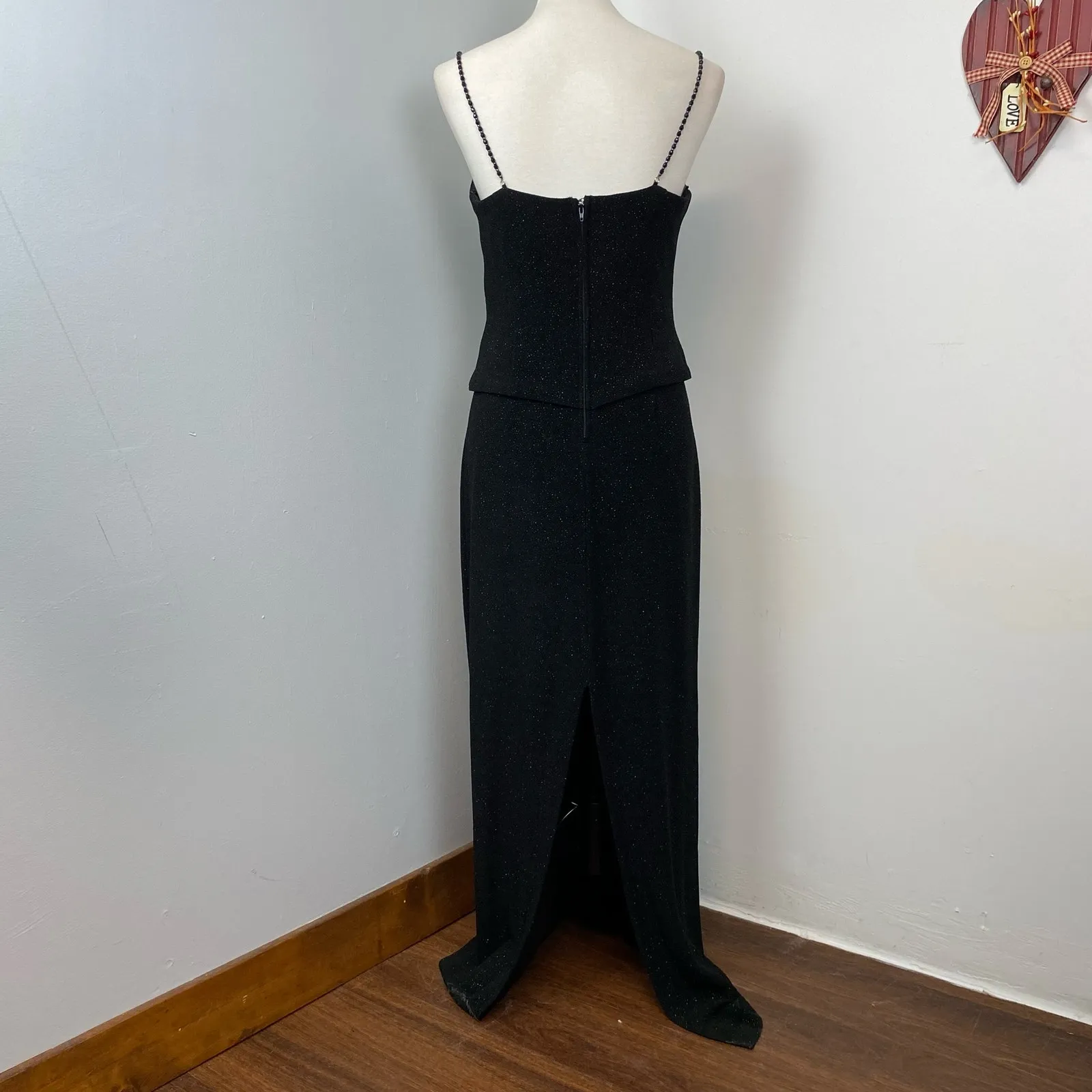 Betsy & Adam Black Sparkling Bead Strap Evening Maxi Dress 12P Wedding Formal - Image 4