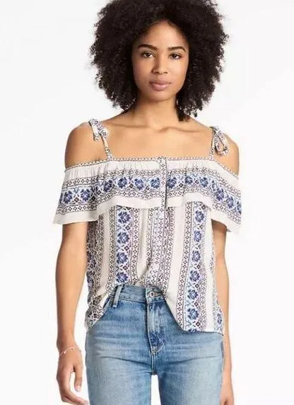 Lucky Brand Women's Blue Floral Off-Shoulder Blouse Medium - Image 2