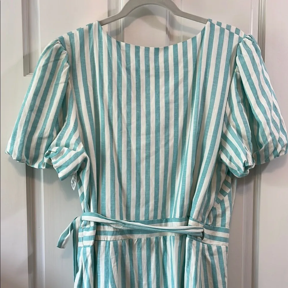 NWT Draper James Teal and White Puff Sleeve True Wrap Linen Mini Dress - Size XL - Image 12