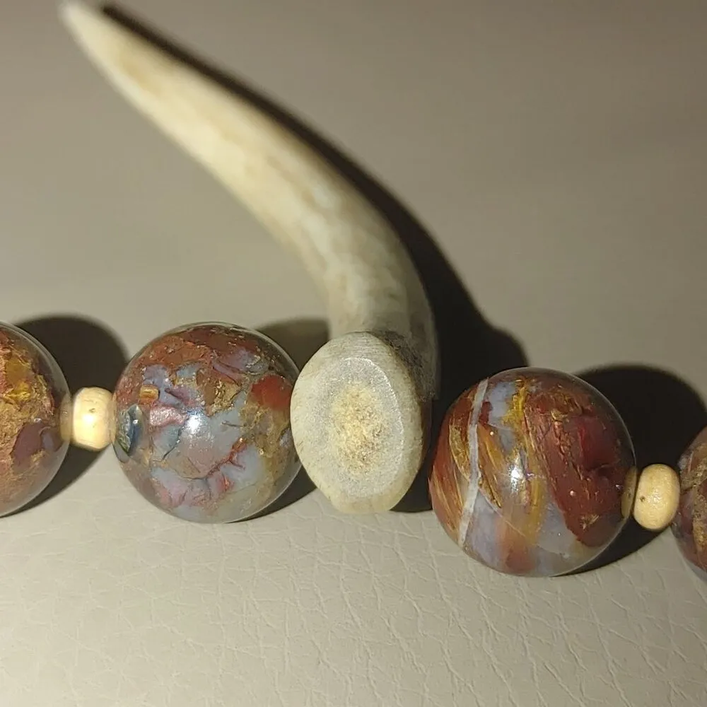 Antique Agate Bead Necklace Carved Antler Pendant Deer Elk Artisan Craft Rustic Size 18 - Image 6